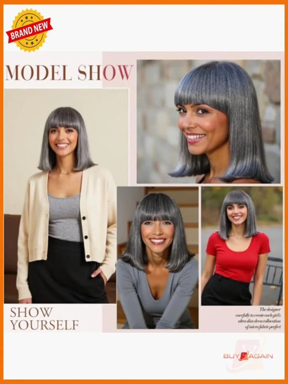 Salt and Pepper Human Hair Bob Wig with Bangs Glueless Straight Short 10 Inch - Picture 4 of 6